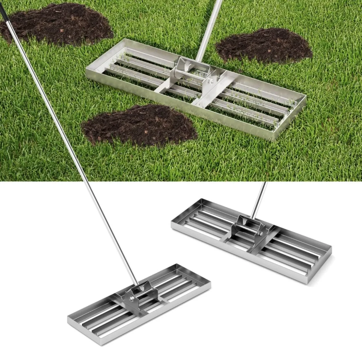 Metall Rasen Nivellierrechen mit Ergonomischem Griff für den Boden Rasenrechen 75 x 25 cm
