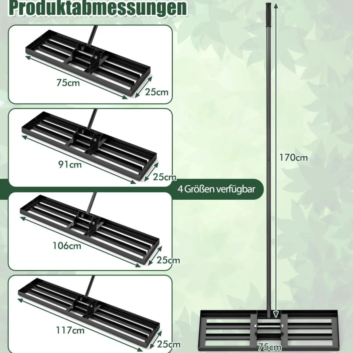 Metall Rasen Nivellierrechen mit Ergonomischem Griff für den Boden Rasenrechen 75 x 25 cm