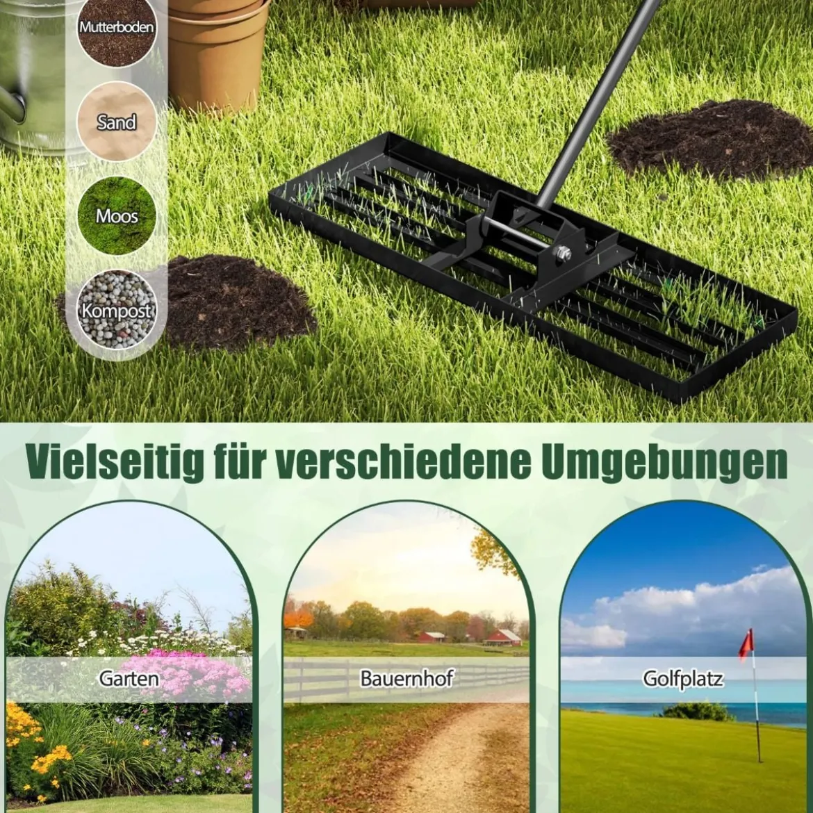 Metall Rasen Nivellierrechen mit Ergonomischem Griff für den Boden Rasenrechen 75 x 25 cm