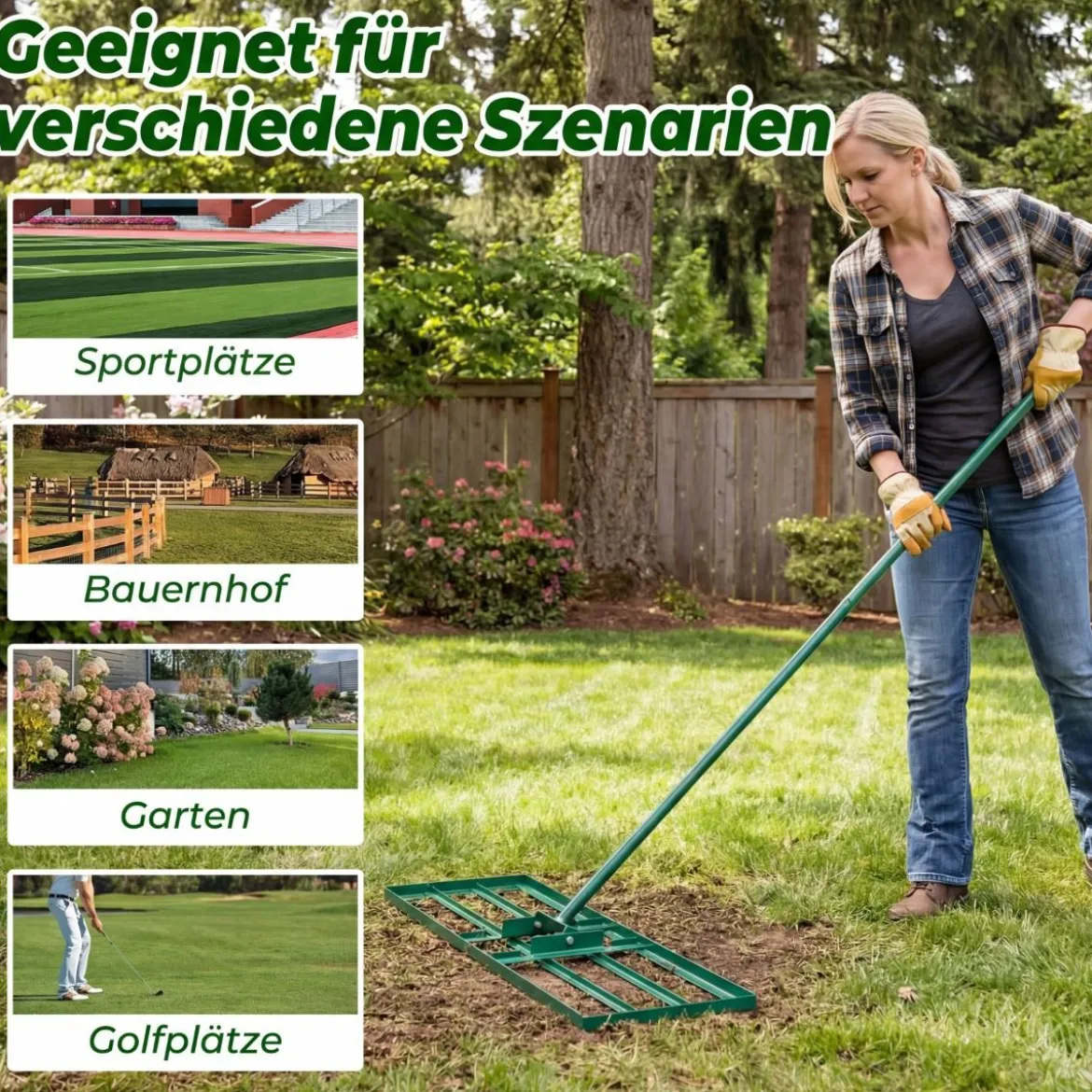 Metall Rasen Nivellierrechen mit Ergonomischem Griff für den Boden Rasenrechen 75 x 25 cm