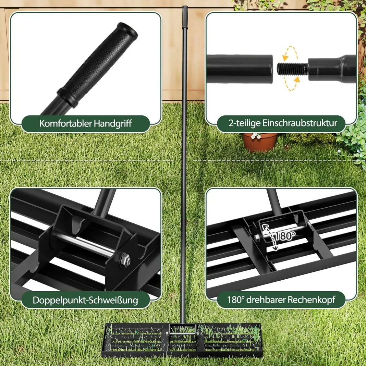 Metall Rasen Nivellierrechen mit Ergonomischem Griff für den Boden Rasenrechen 75 x 25 cm