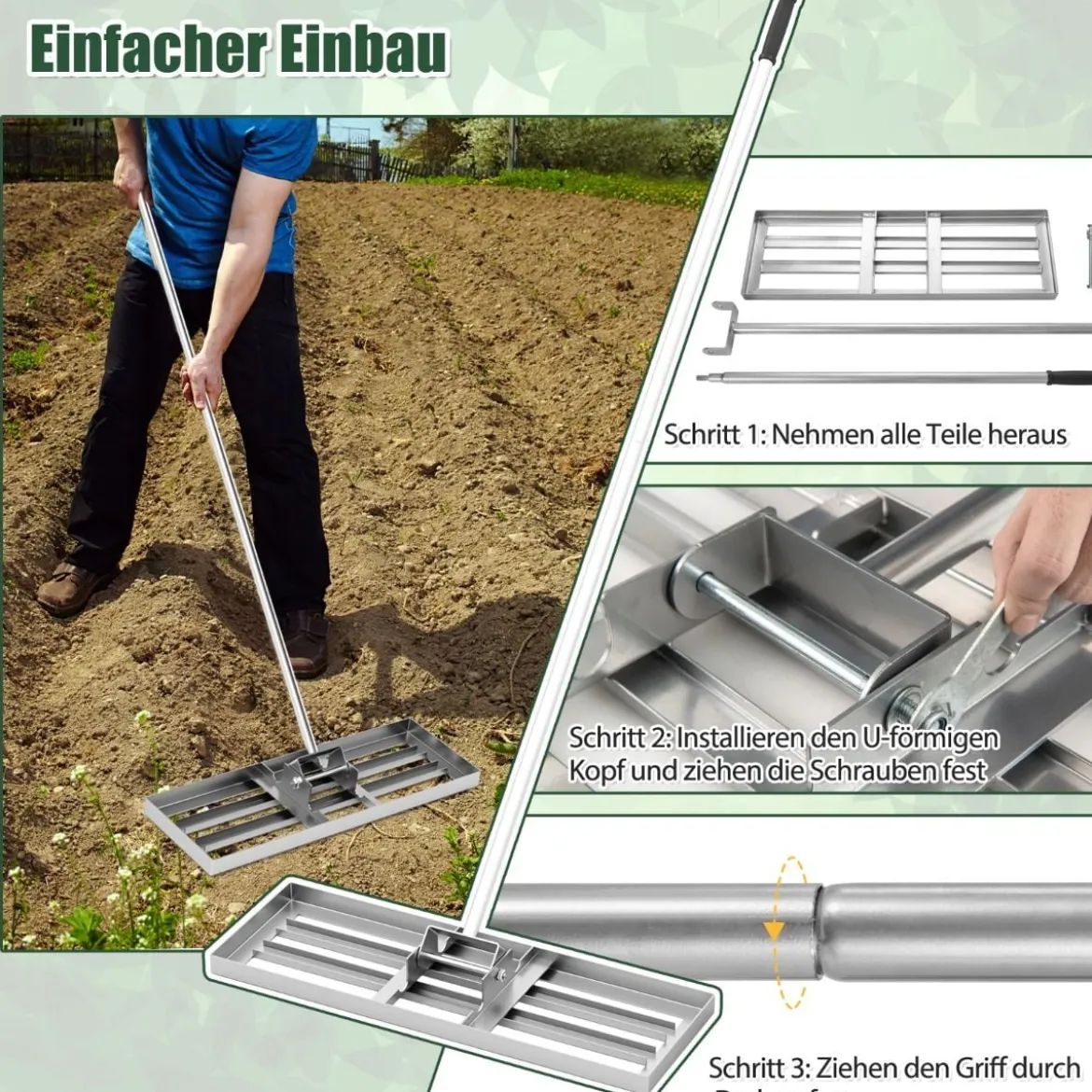 Metall Rasen Nivellierrechen mit Ergonomischem Griff für den Boden Rasenrechen 75 x 25 cm