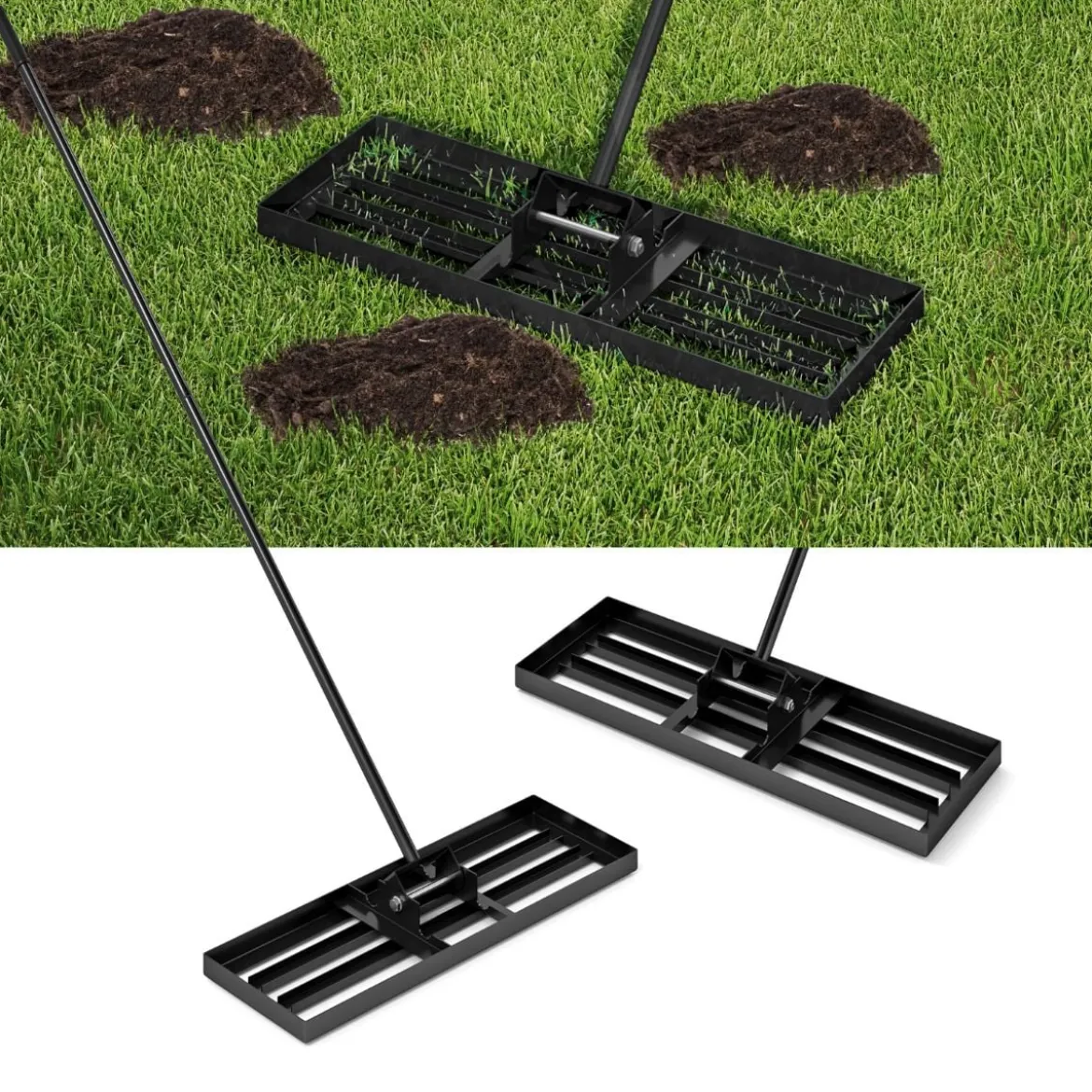 Metall Rasen Nivellierrechen mit Ergonomischem Griff für den Boden Rasenrechen 75 x 25 cm