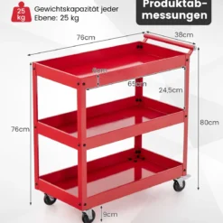 Metall Rollwagen mit 3 Ebenen Stauraum & Griff Küchewagen Servierwagen Allzweckwagen Rot