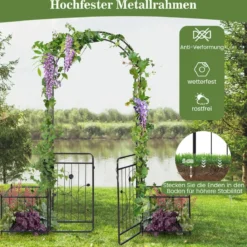 Metall Rosenbogen mit Tür & 2 Pflanzgefäßen Gartenbogen 202 x 50 x 220 cm Schwarz