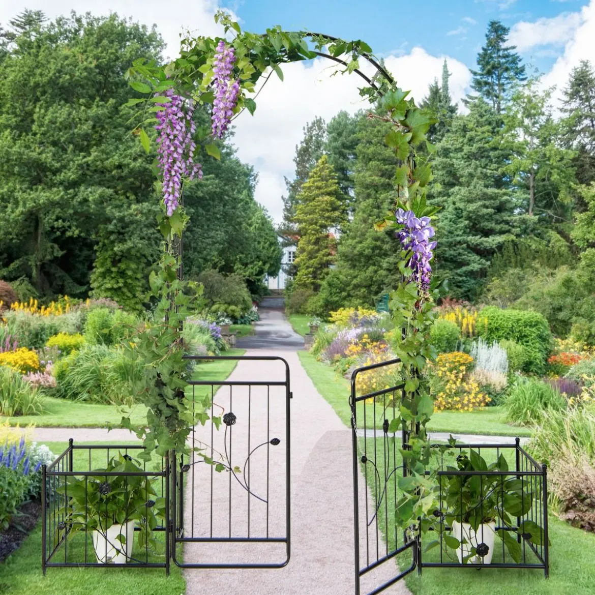 Metall Rosenbogen mit Tür & 2 Pflanzgefäßen Gartenbogen 202 x 50 x 220 cm Schwarz