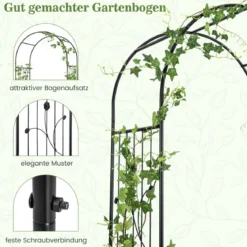 Metall Rosenbogen mit Tür & 2 Pflanzgefäßen Gartenbogen 202 x 50 x 220 cm Schwarz