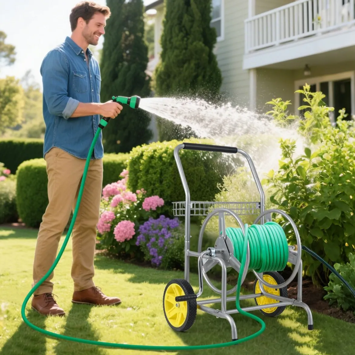 Metall Schlauchwagen 70 m für 16 mm Schlauch Gartenschlauchwagen Schlauchtrommel Silber