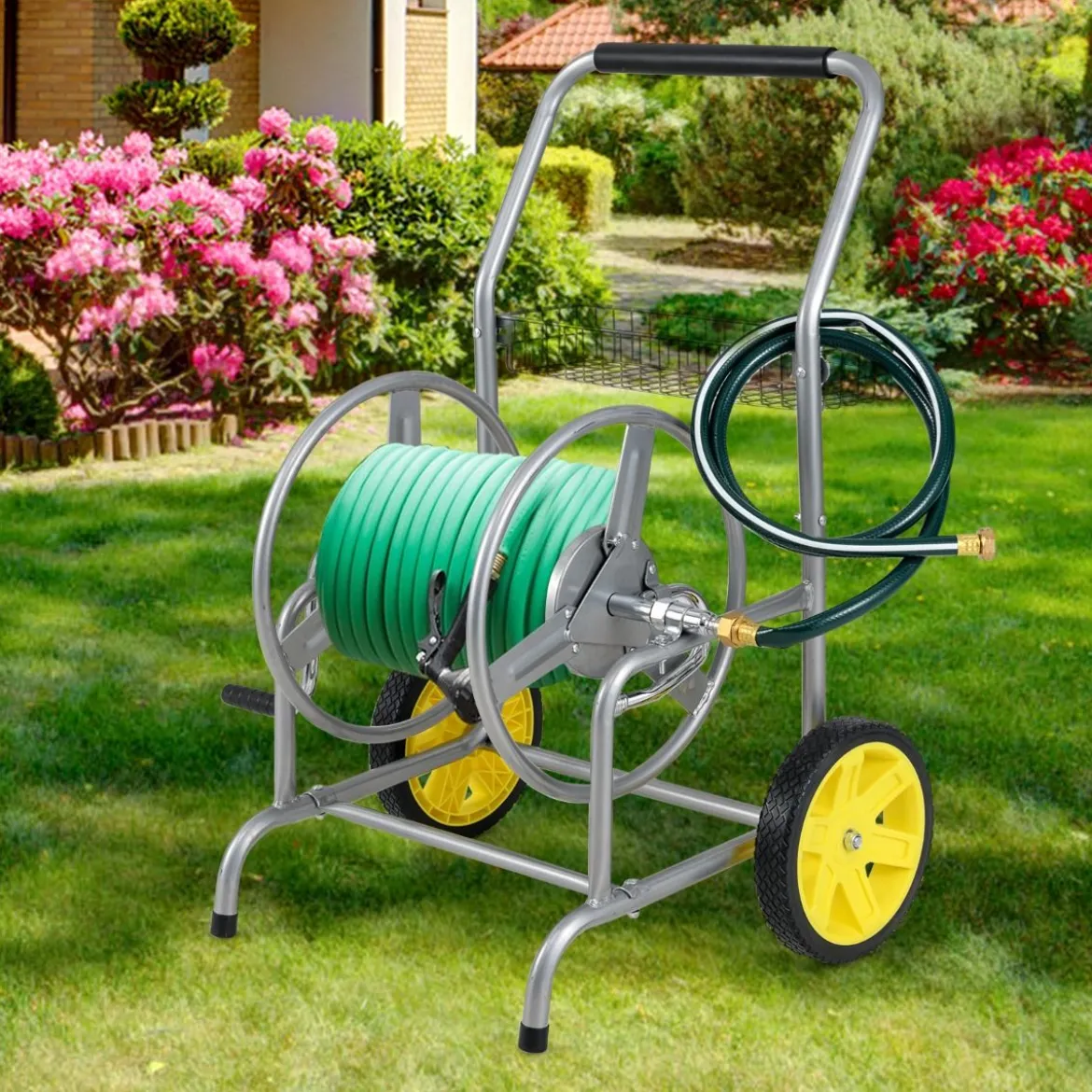 Metall Schlauchwagen 70 m für 16 mm Schlauch Gartenschlauchwagen Schlauchtrommel Silber