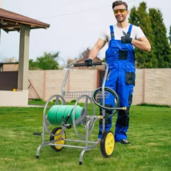 Metall Schlauchwagen 70 m für 16 mm Schlauch Gartenschlauchwagen Schlauchtrommel Silber