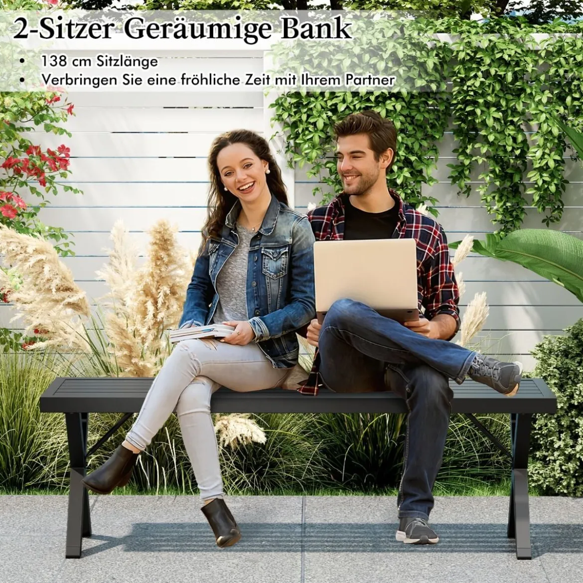 Metall 3-Sitzer Gartenbank ohne Rückenlehne Wetterfeste Sitzbank Balkonbank Parkbank
