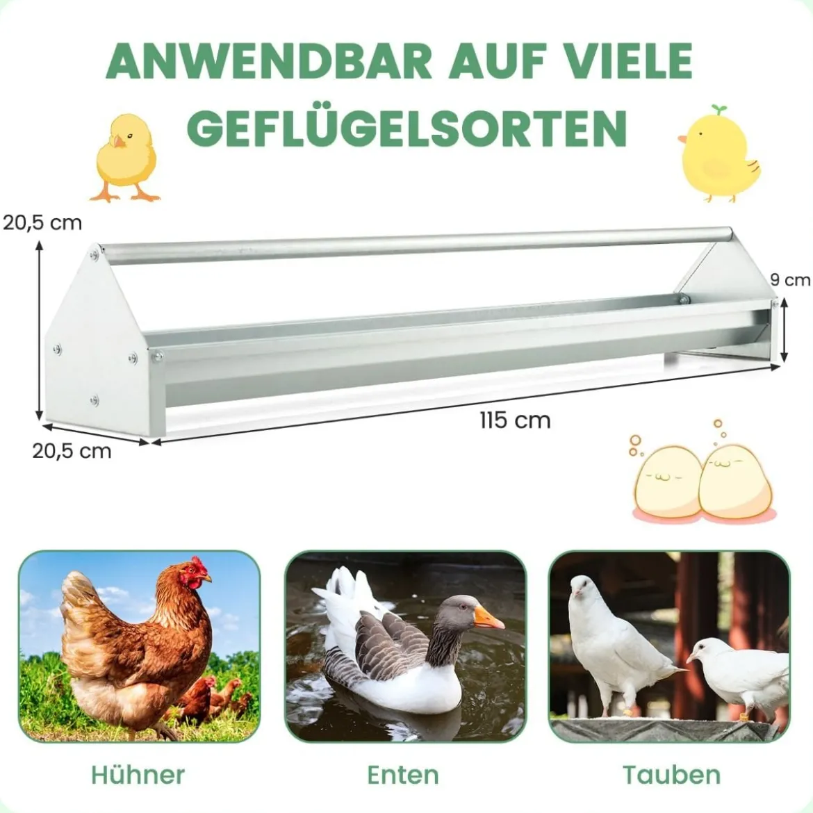 Metalltrog für Hühnerfutter Kornspender aus Verzinktem Metall mit Abflusslöchern & Drehbarem Griff