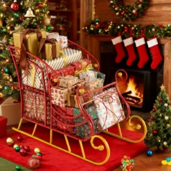 Metall-Weihnachtsmann-Schlittenkorb 2-stöckiger Geschenk-Aufbewahrungsschlitten festlicher dekorativer Schlittenwagen Rot