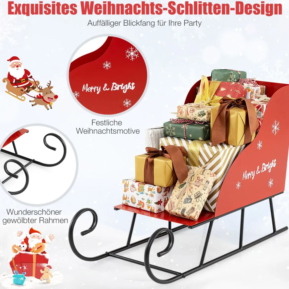Metall-Weihnachtsmann-Schlittenkorb Weihnachtsmann-Geschenke-Aufbewahrungsschlitten Rot