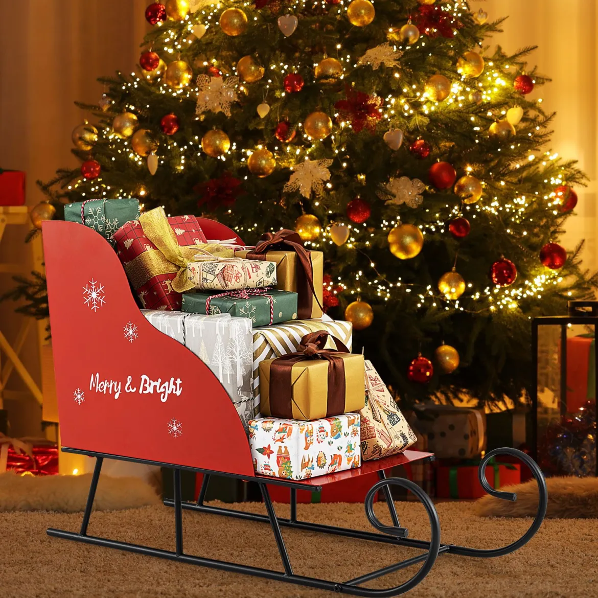Metall-Weihnachtsmann-Schlittenkorb Weihnachtsmann-Geschenke-Aufbewahrungsschlitten Rot