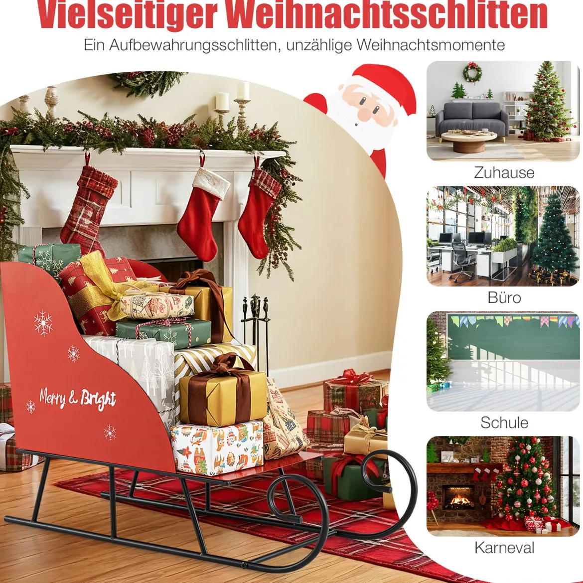 Metall-Weihnachtsmann-Schlittenkorb Weihnachtsmann-Geschenke-Aufbewahrungsschlitten Rot