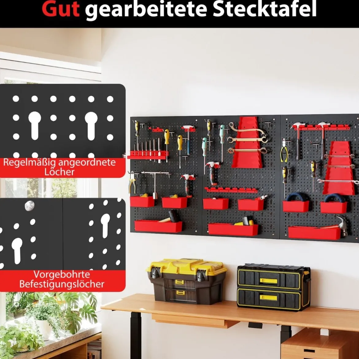 Metall Werkzeugwand mit 9-teilige Aufbewahrungsboxen & Werkzeughaltern & Hake Rot
