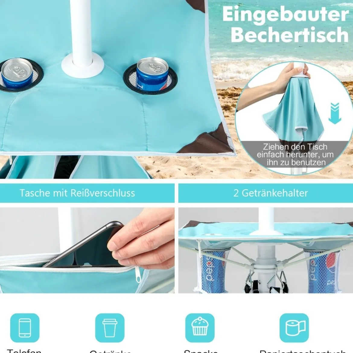 2 m Hoher Strandschirm mit Tisch & Sandsack Tragbarer Sonnenschirm Blau