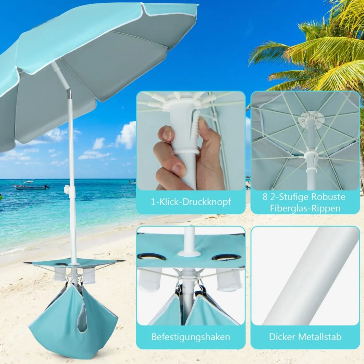 2 m Hoher Strandschirm mit Tisch & Sandsack Tragbarer Sonnenschirm Blau