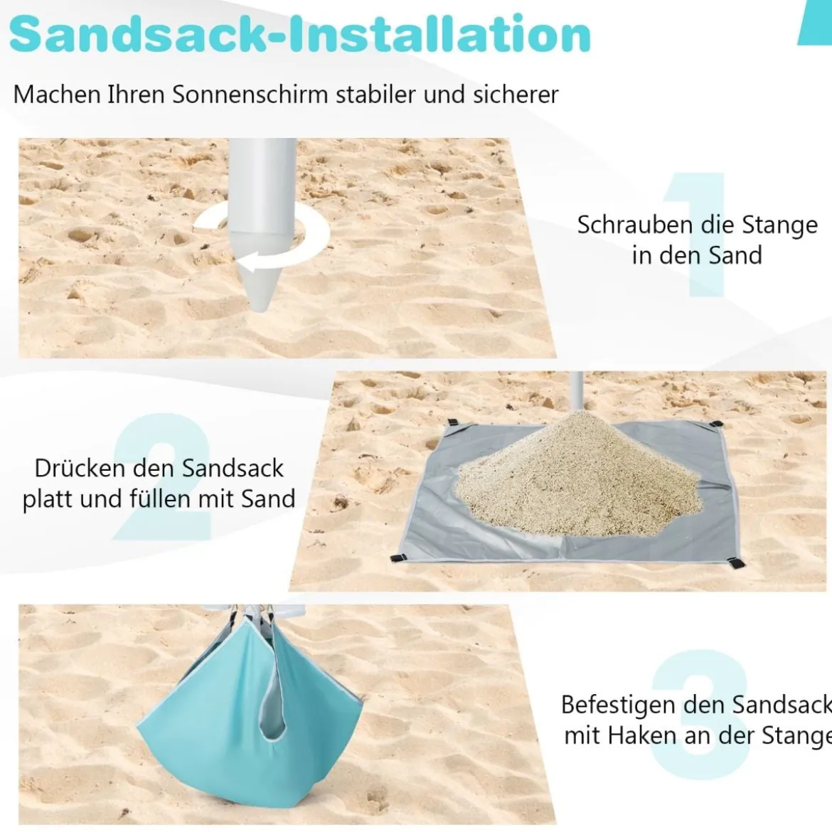 2 m Hoher Strandschirm mit Tisch & Sandsack Tragbarer Sonnenschirm Blau