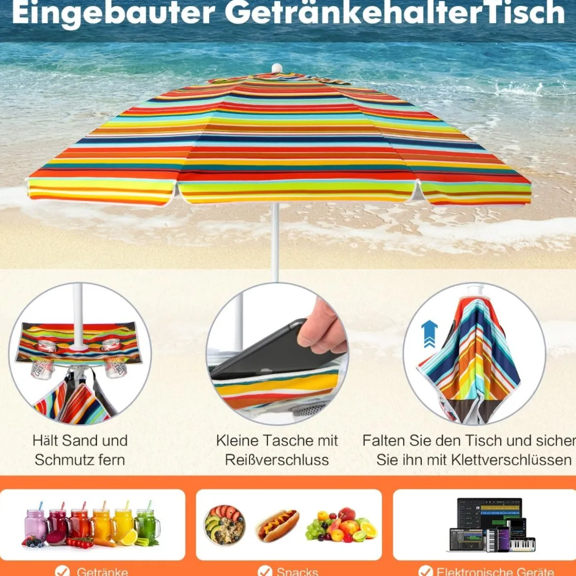 2 m Hoher Strandschirm mit Tisch & Sandsack Tragbarer Sonnenschirm Bunt