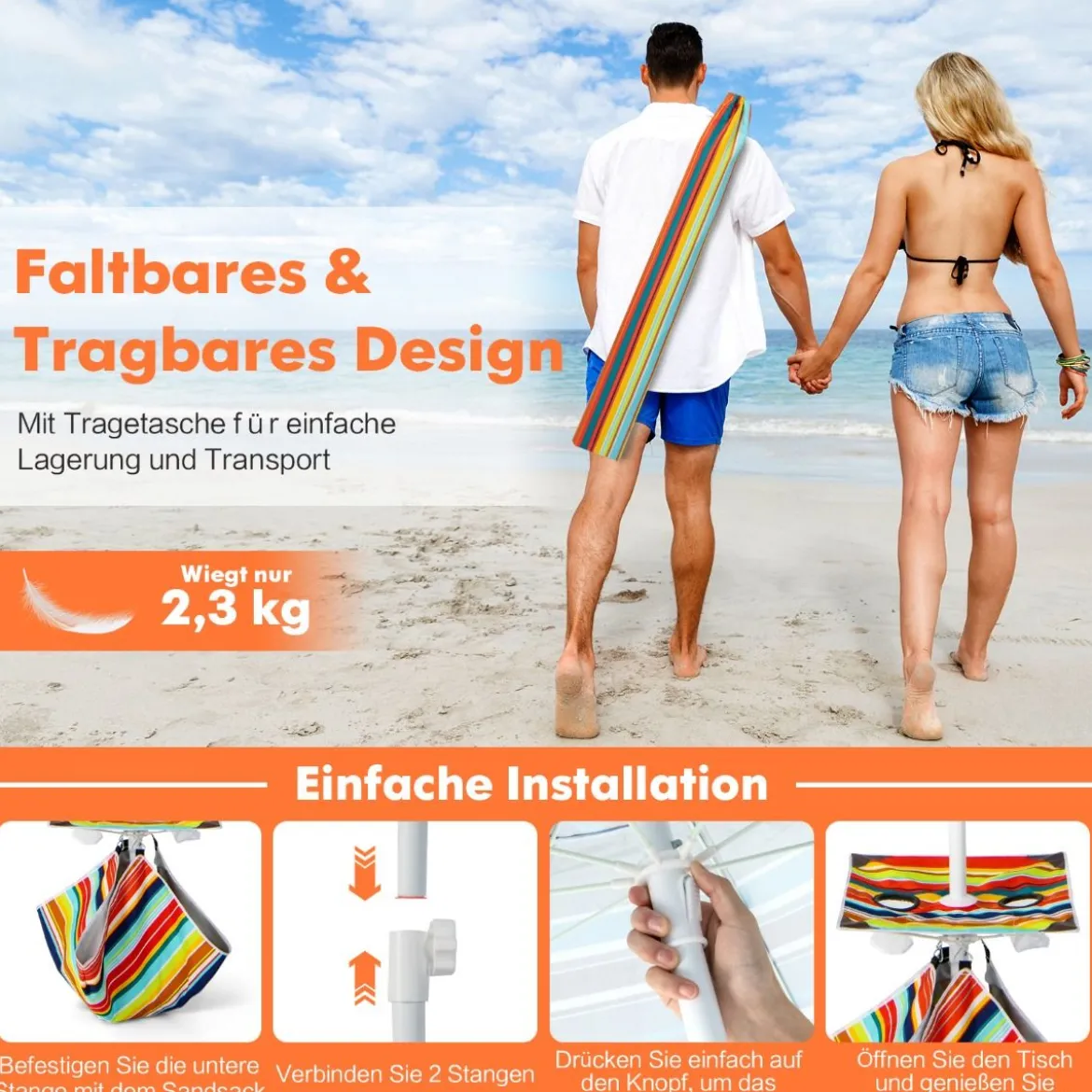 2 m Hoher Strandschirm mit Tisch & Sandsack Tragbarer Sonnenschirm Bunt