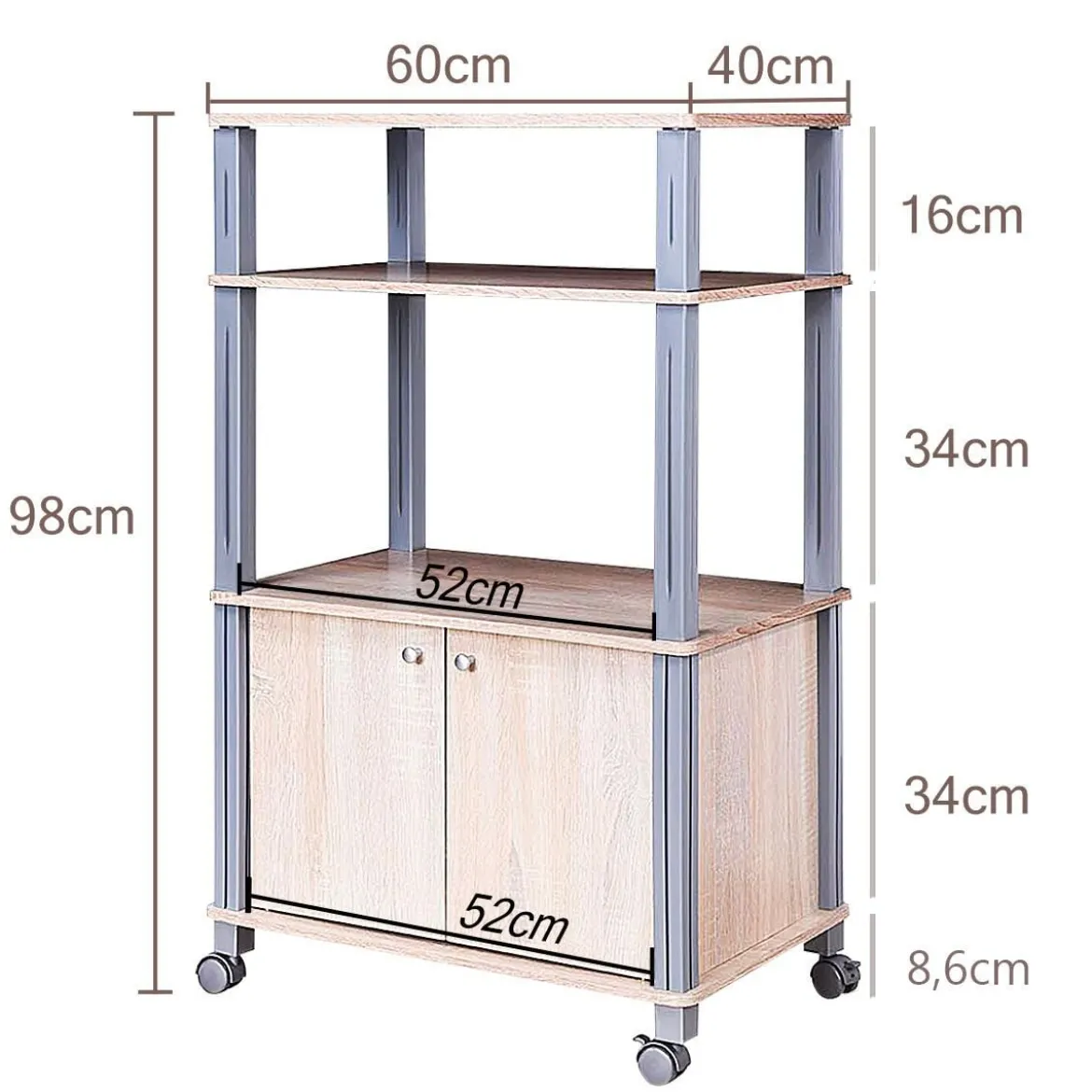 Mikrowellenregal Küchenregal Standregal mit Rollen Natur 60 x 40 x 98 cm