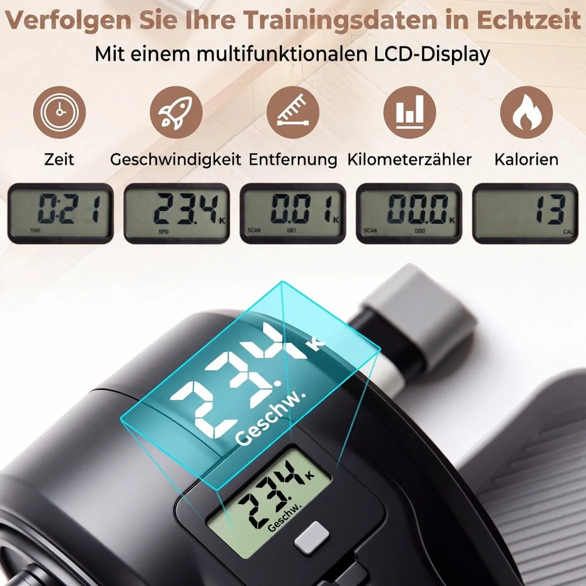 Mini Ellipsentrainer Elektrischer Crosstrainer mit LCD-Display Griff & Rutschfesten Pedalen Weiß