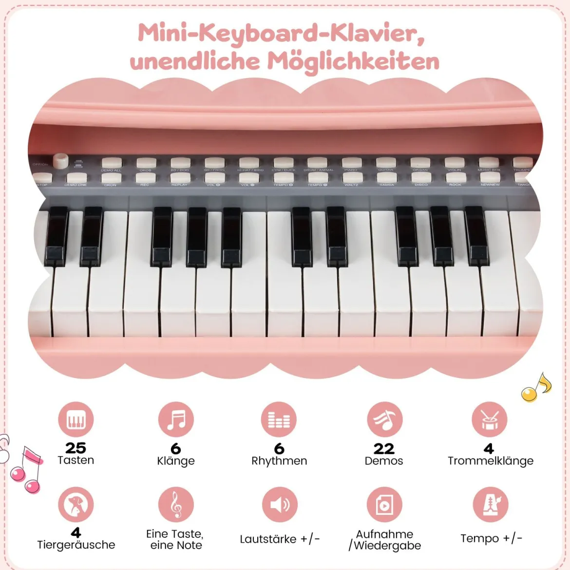 Mini Keyboard mit Hocker & Notenständer & Mikrofon 25 Tasten Elektrisches Klavier Rosa