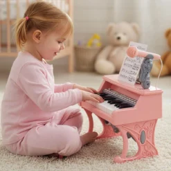 Mini Keyboard mit 25 Tasten & Notenständer & Mikrofon Kinderklavier Elektrisches Klavier Pink