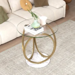 Minimalistischer Glastisch mit Geometrischem Goldfarbenem Metallringgestell Moderner Couchtisch