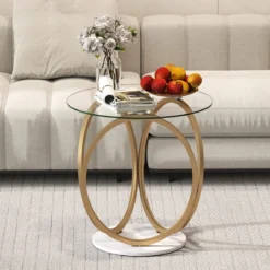 Minimalistischer Glastisch mit Geometrischem Goldfarbenem Metallringgestell Moderner Couchtisch