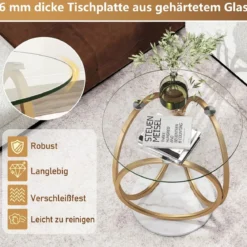 Minimalistischer Glastisch mit Geometrischem Goldfarbenem Metallringgestell Moderner Couchtisch