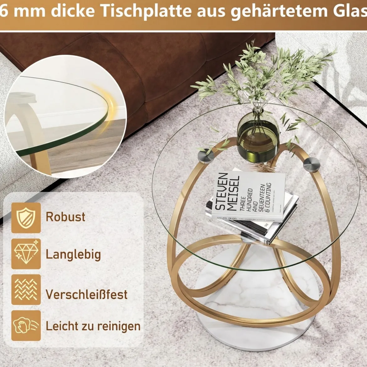 Minimalistischer Glastisch mit Geometrischem Goldfarbenem Metallringgestell Moderner Couchtisch