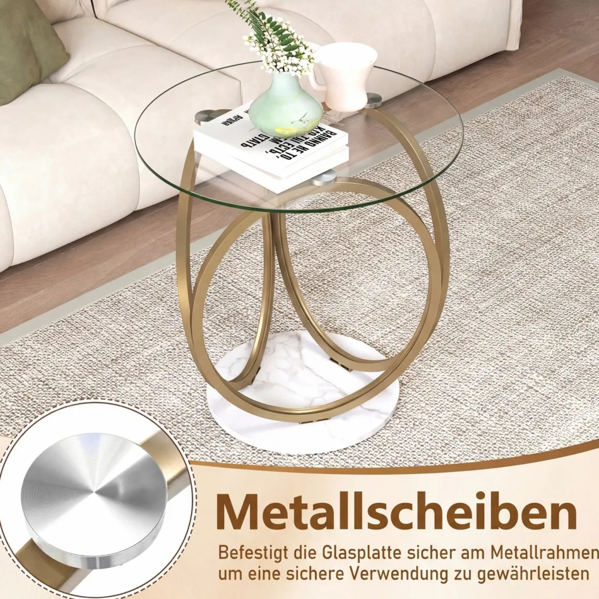 Minimalistischer Glastisch mit Geometrischem Goldfarbenem Metallringgestell Moderner Couchtisch