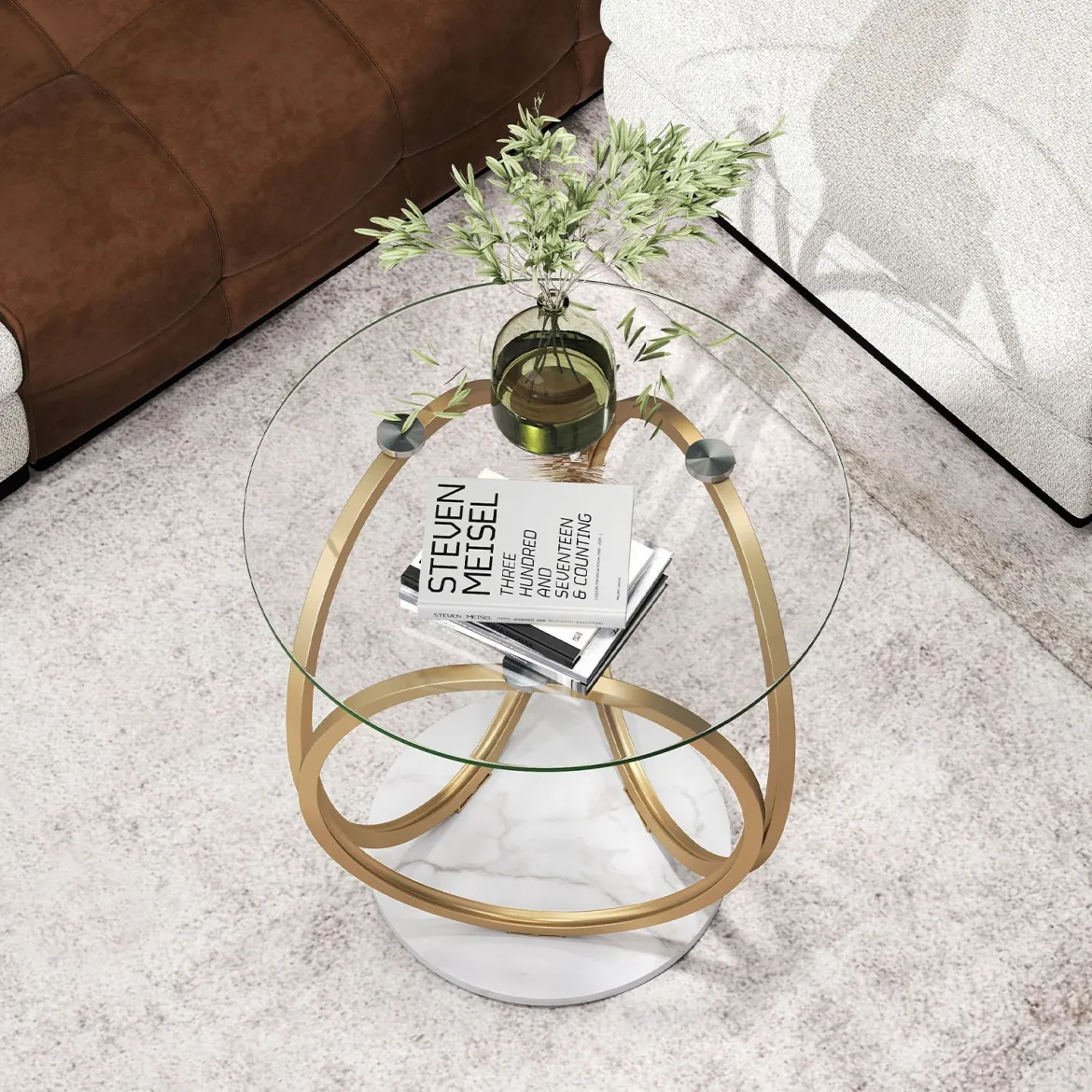 Minimalistischer Glastisch mit Geometrischem Goldfarbenem Metallringgestell Moderner Couchtisch