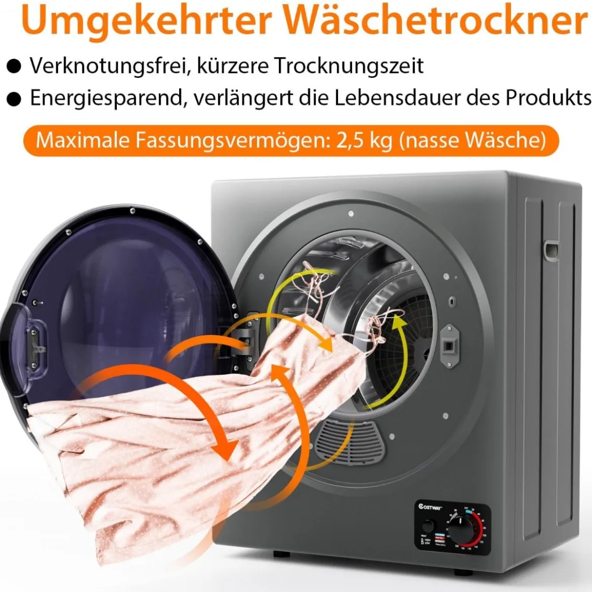 Mini Wäschetrockner Elektrischer Trockner Ablufttrockner 2,5KG / 42L / 850W Grau