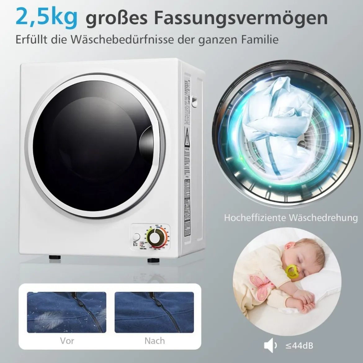 Mini Wäschetrockner Elektrischer Trockner Ablufttrockner 2,5KG / 42L / 850W Weiß
