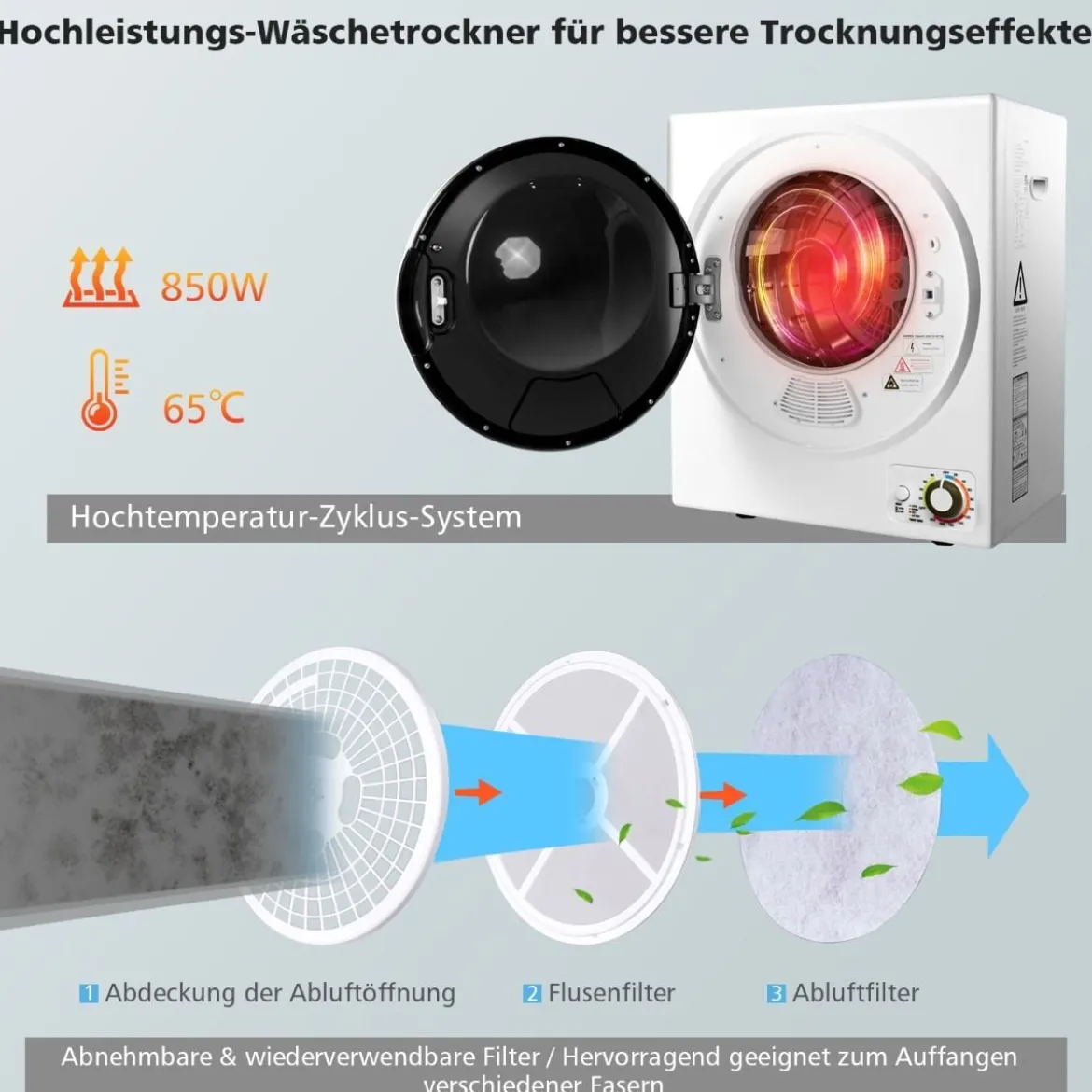 Mini Wäschetrockner Elektrischer Trockner Ablufttrockner 2,5KG / 42L / 850W Weiß