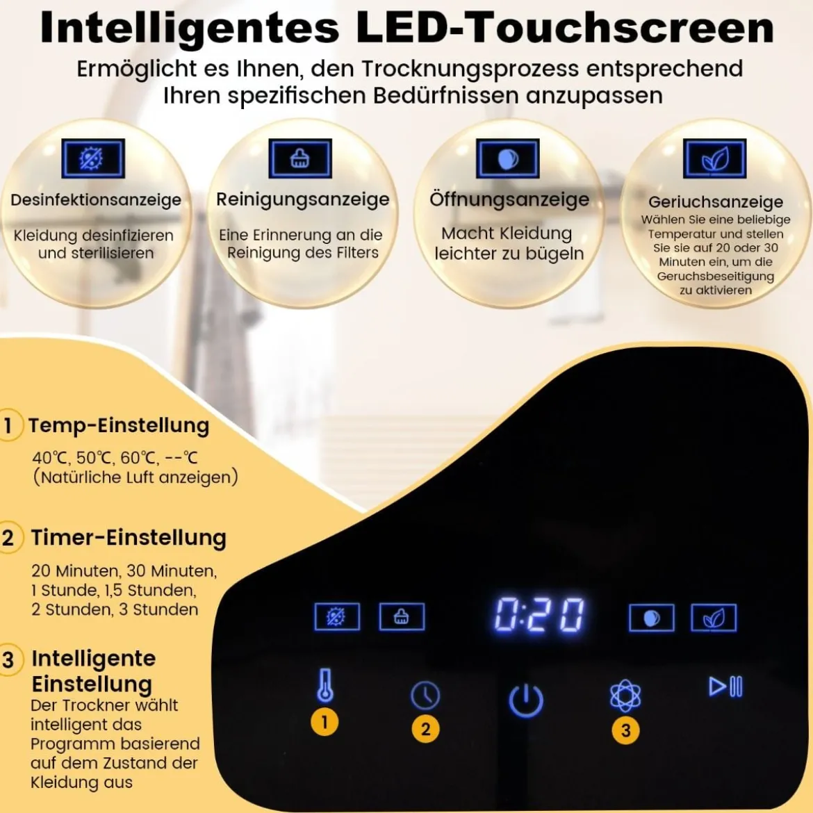 Mini Wäschetrockner 5kg mit LED Touch-Screen & Desinfektion & Desodorierung Ablufttrockner