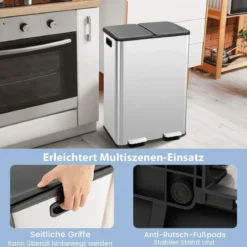 Mülleimer 2 Fächer 2 x 30L Abfalleimer Küche Tretmülleimer mit sanft schließendem Deckel Weiß/Schwarz/Silber