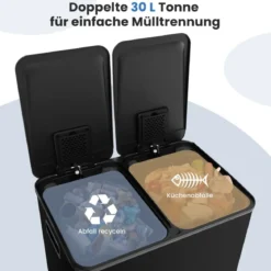 Mülleimer 2 Fächer 2 x 30L Abfalleimer Küche Tretmülleimer mit sanft schließendem Deckel Weiß/Schwarz/Silber