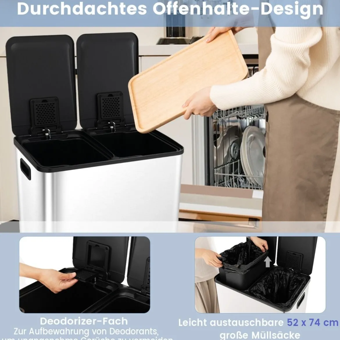 Mülleimer 2 Fächer 2 x 30L Abfalleimer Küche Tretmülleimer mit sanft schließendem Deckel Weiß/Schwarz/Silber
