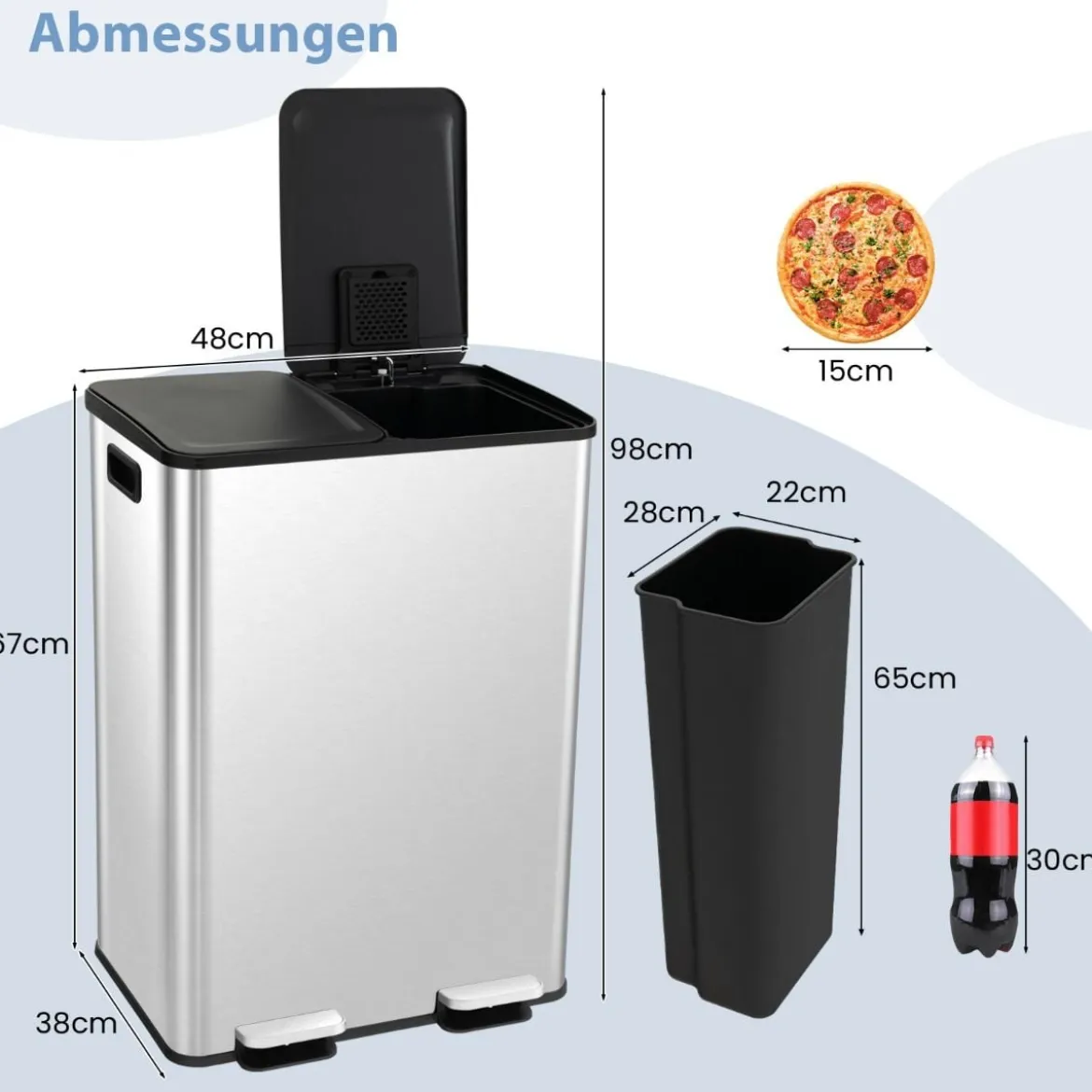 Mülleimer 2 Fächer 2 x 30L Abfalleimer Küche Tretmülleimer mit sanft schließendem Deckel Weiß/Schwarz/Silber