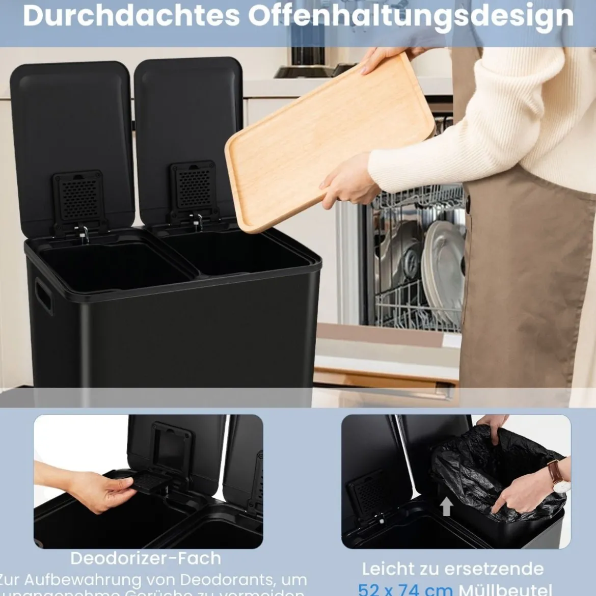 Mülleimer 2 Fächer 2 x 30L Abfalleimer Küche Tretmülleimer mit sanft schließendem Deckel Weiß/Schwarz/Silber