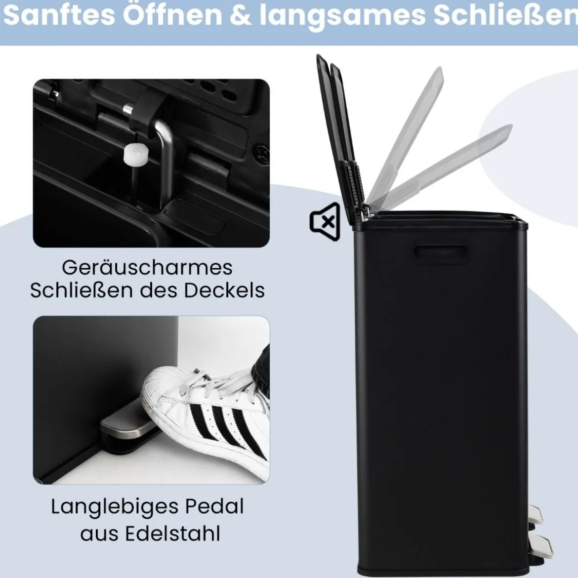Mülleimer 2 Fächer 2 x 30L Abfalleimer Küche Tretmülleimer mit sanft schließendem Deckel Weiß/Schwarz/Silber