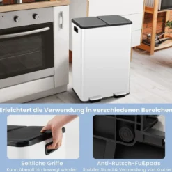 Mülleimer 2 Fächer 2 x 30L Abfalleimer Küche Tretmülleimer mit sanft schließendem Deckel Weiß/Schwarz/Silber