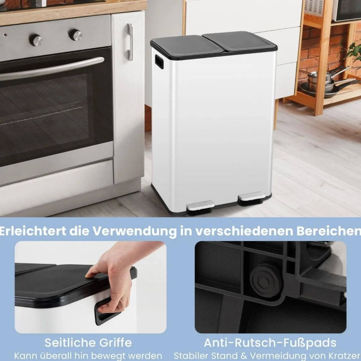 Mülleimer 2 Fächer 2 x 30L Abfalleimer Küche Tretmülleimer mit sanft schließendem Deckel Weiß/Schwarz/Silber