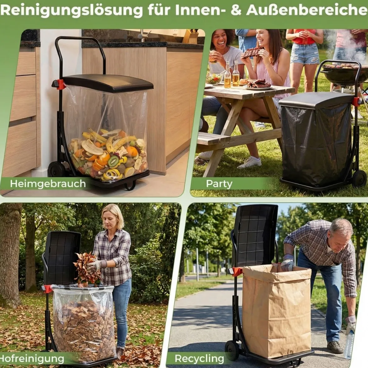Müllsackständer mit Rollen & Deckel Höhenverstellbare Abfallwagen Müllsackhalter Abfallbehälter Schwarz