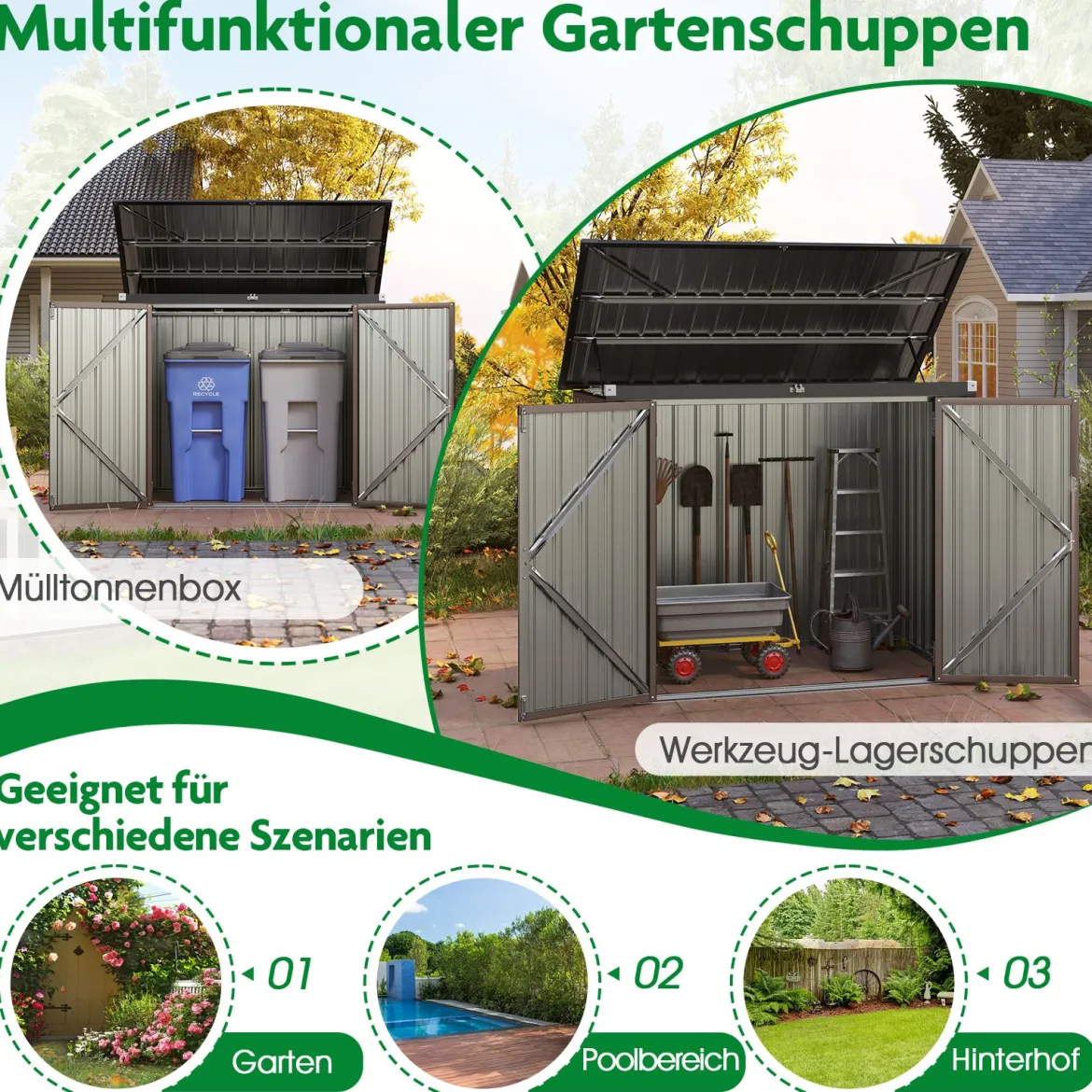 Mülltonnenbox für 2 Mülltonnen Müllbox aus Verzinktem Metall Müllhaus mit 2 Türen 172 x 95,5 x 130 cm Braun